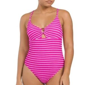 LUCKY BRAND Rose Keyhole Detail Striped One-piece Swimsuit. Size M